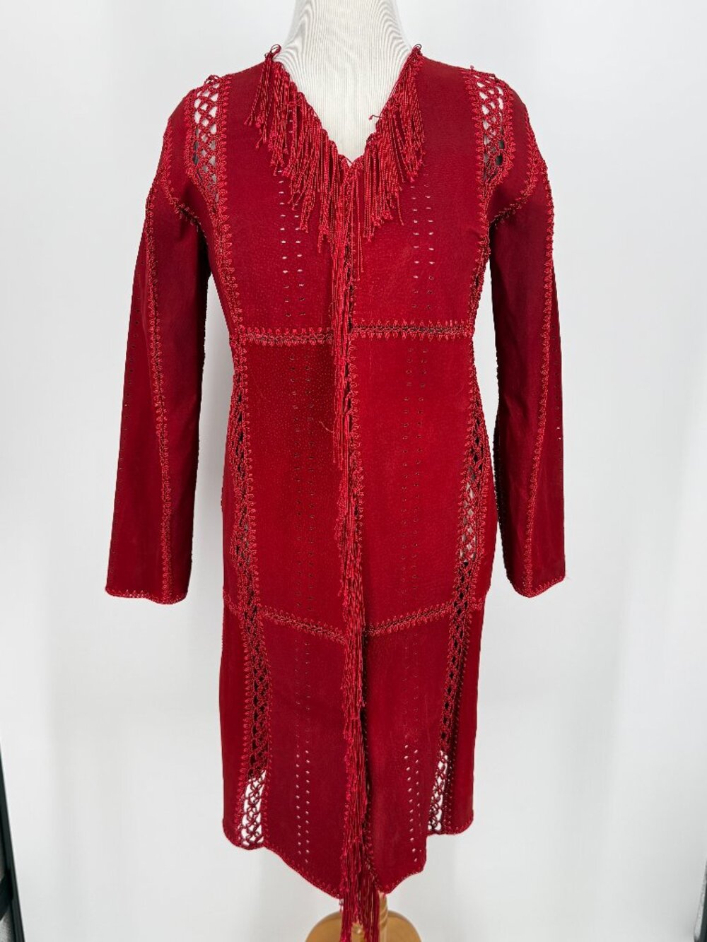 Vintage 90s Chico's Design Red Leather Fringe Duster Long Jacket 1 M